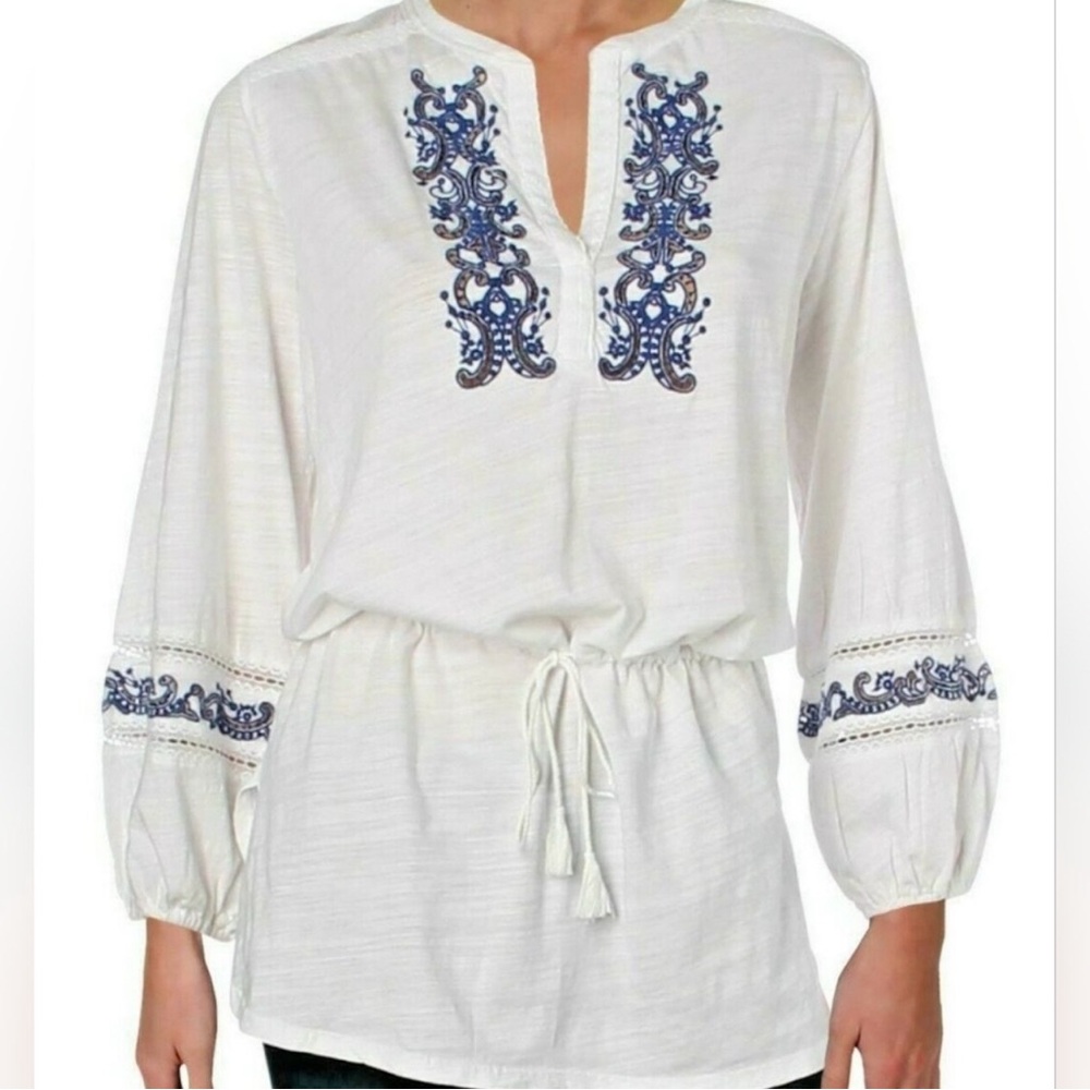 Lauren Ralph Lauren White Tunic with Navy Embroidery